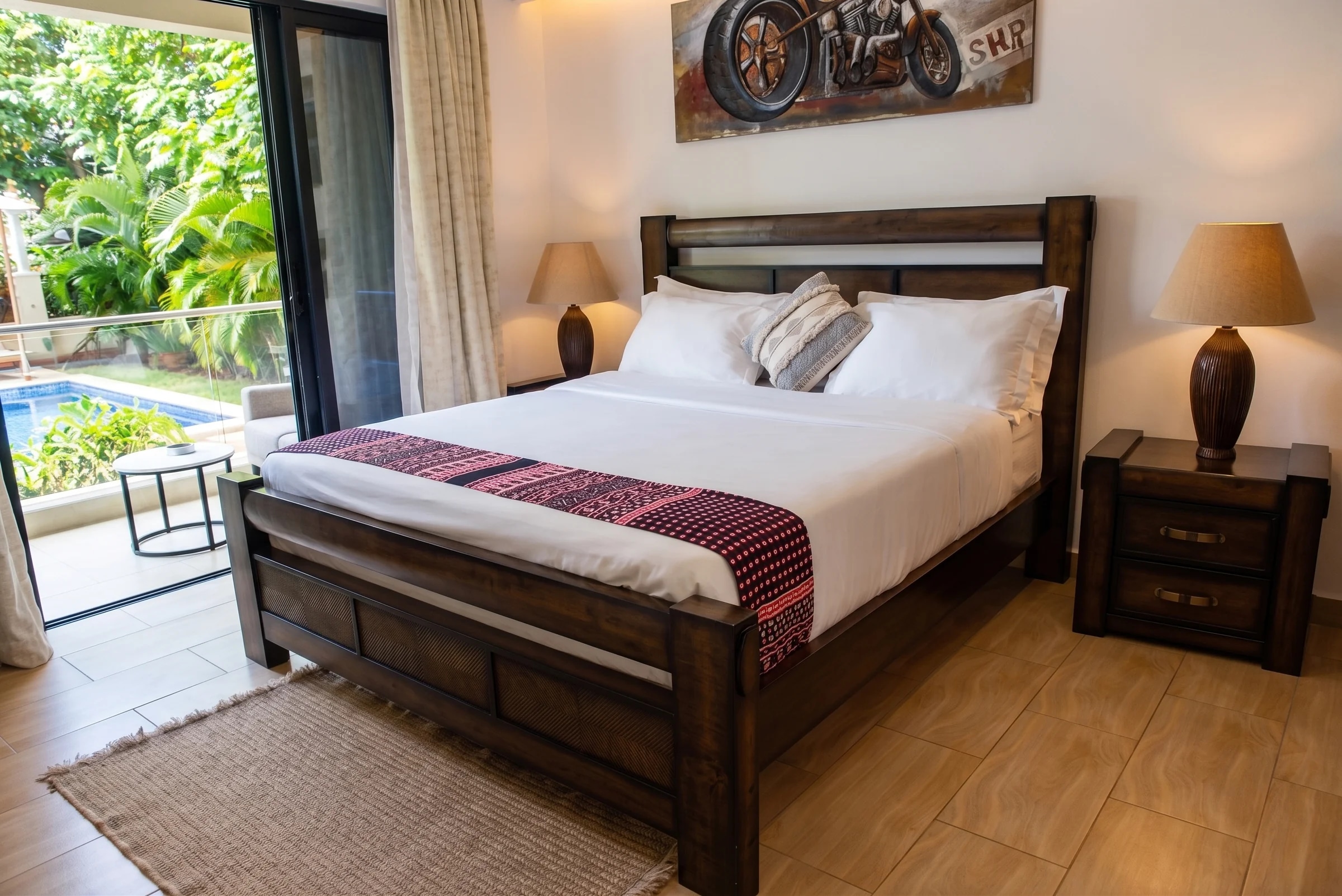 The Sandcastle Apartment - Swahili carved master king poster bed with ocean light