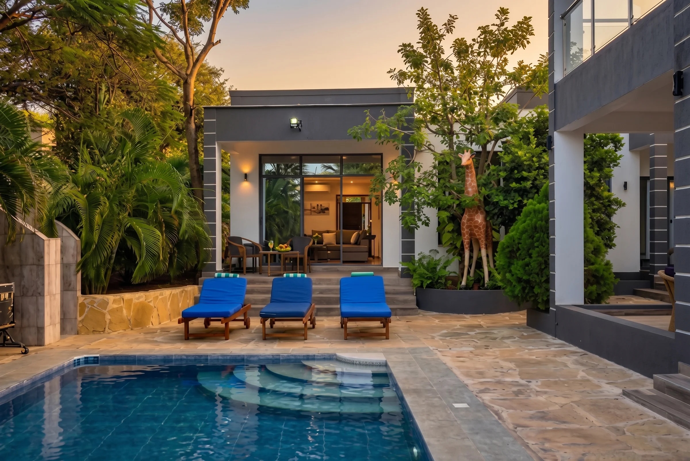 The Coastal Estate - Ground level shaded veranda surrounded by tropical palm gardens